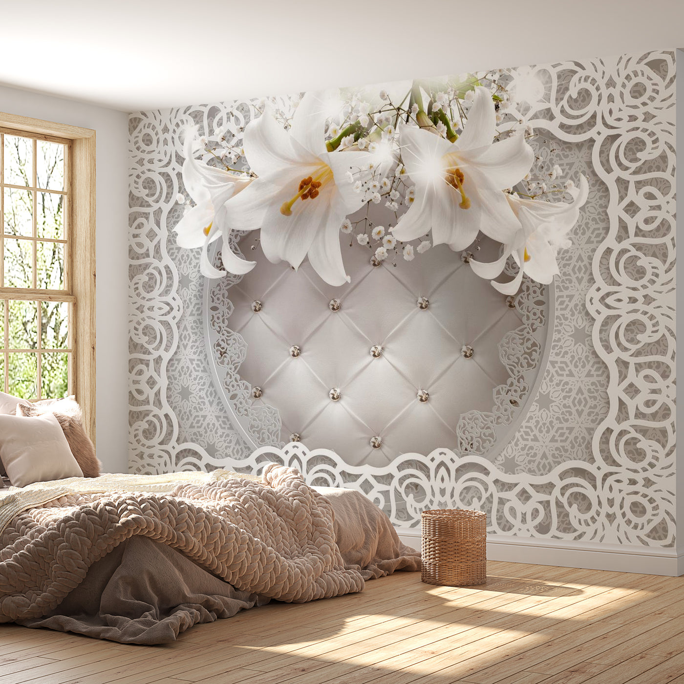 Peel & Stick Floral Wall Mural - Lilies And Quilted Background - Removable Wall Decals