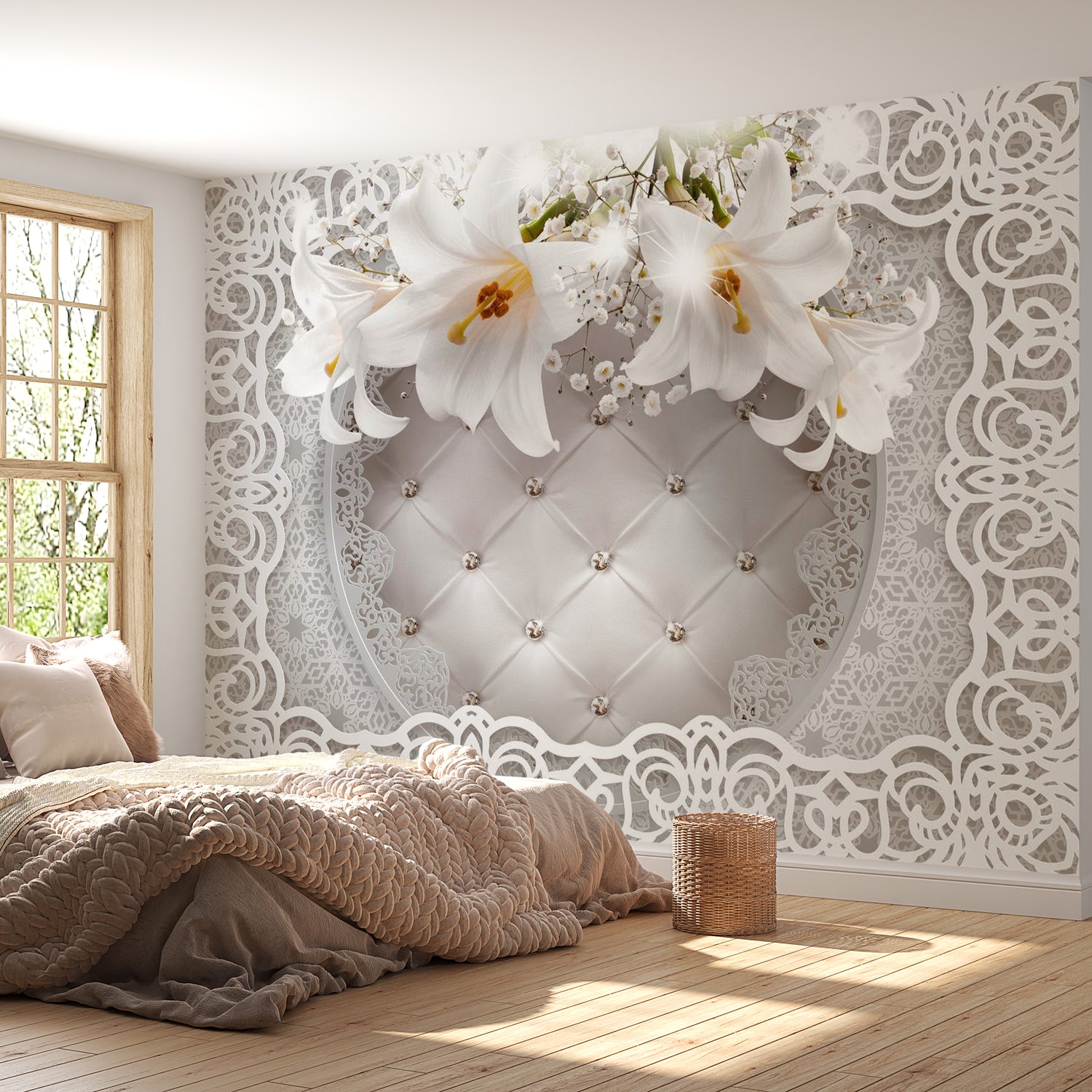 Peel & Stick Floral Wall Mural - Lilies And Quilted Background - Removable Wall Decals