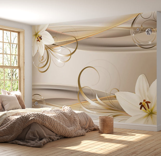 Peel & Stick Floral Wall Mural - Lilies And The Gold Spirals - Removable Wall Decals