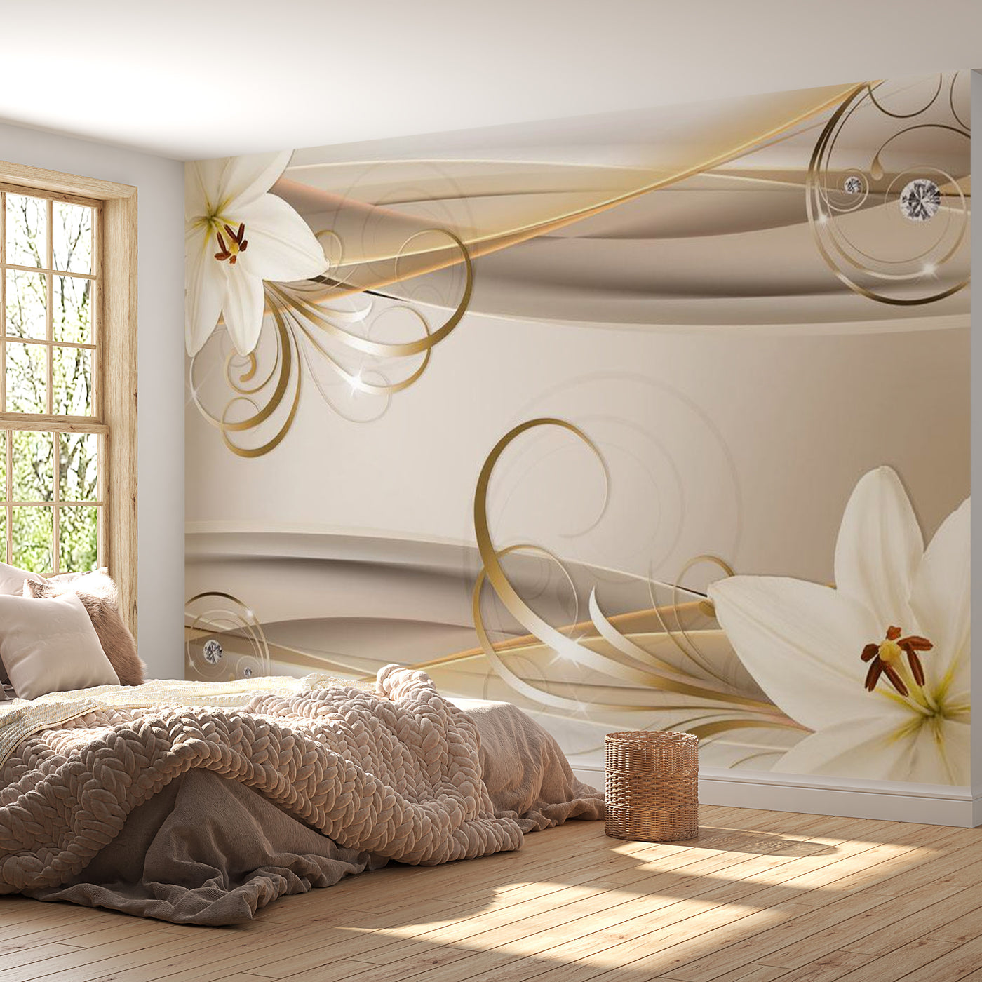 Peel & Stick Floral Wall Mural - Lilies And The Gold Spirals - Removable Wall Decals