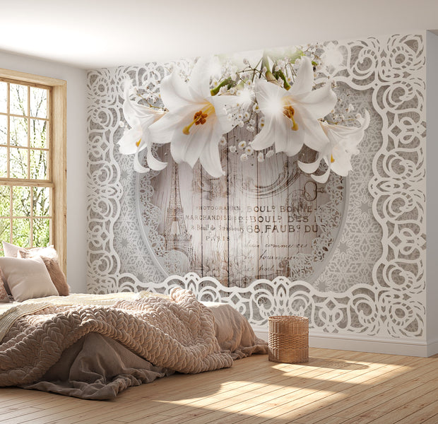 Peel & Stick Floral Wall Mural - Lilies And Wooden Background - Removable Wall Decals