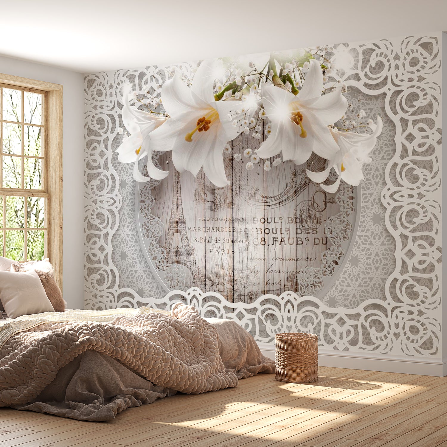 Peel & Stick Floral Wall Mural - Lilies And Wooden Background - Removable Wall Decals
