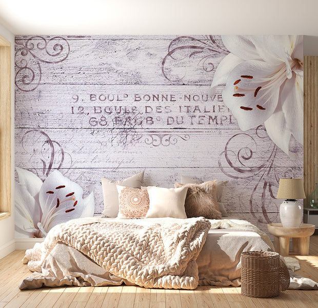 Peel & Stick Floral Wall Mural - Lilies Vintage Wood - Removable Wall Decals