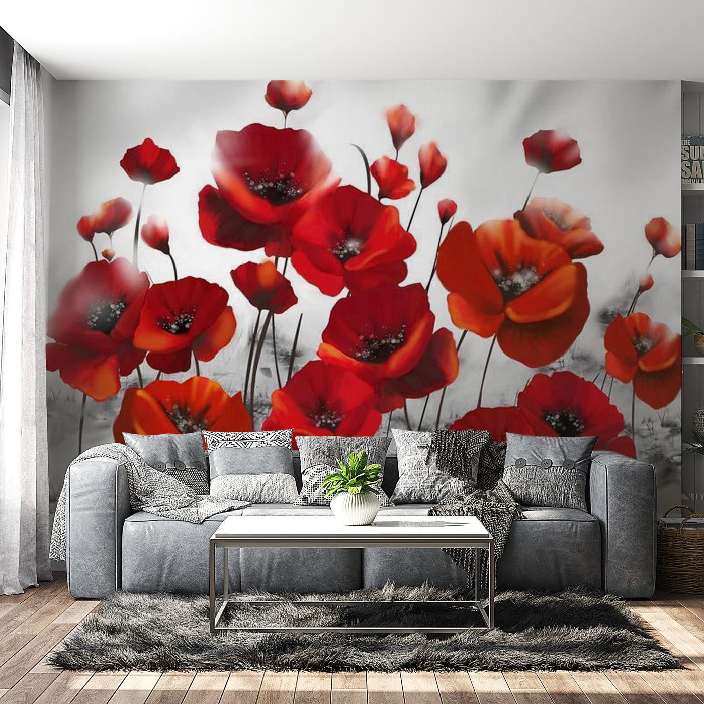 Peel & Stick Floral Wall Mural - Poppies In The Moonlight - Removable Wall Decals
