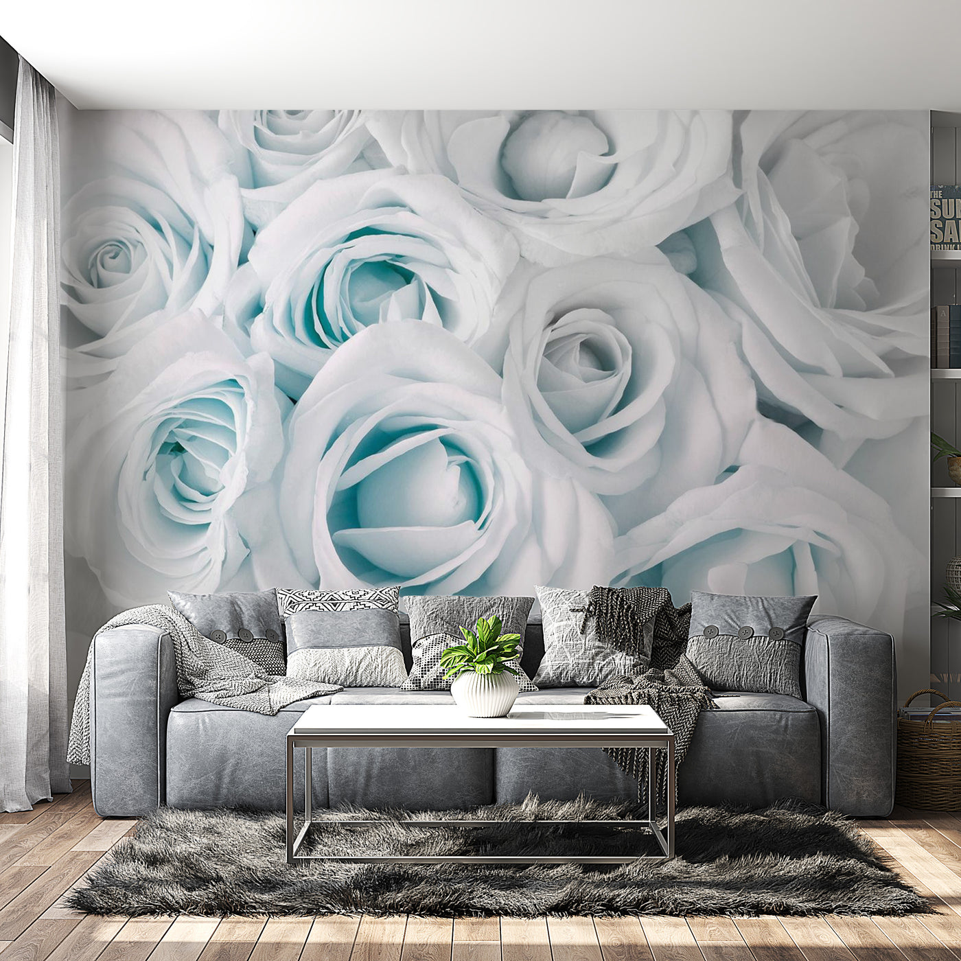 Peel & Stick Floral Wall Mural - Satin Rose Turquoise - Removable Wall Decals