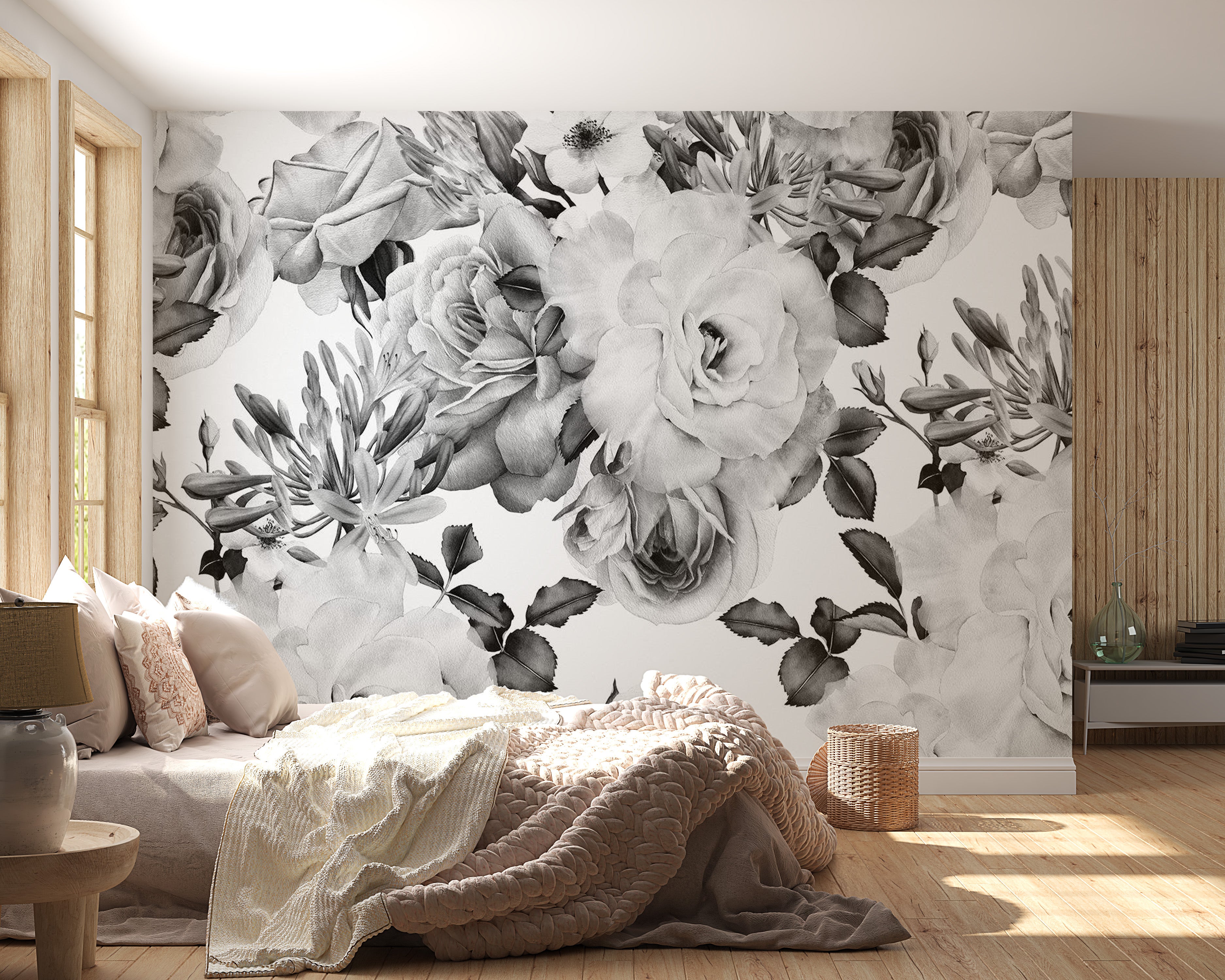 Peel & Stick Floral Wall Mural - Sentimental Garden Black And White - Removable Wall Decals