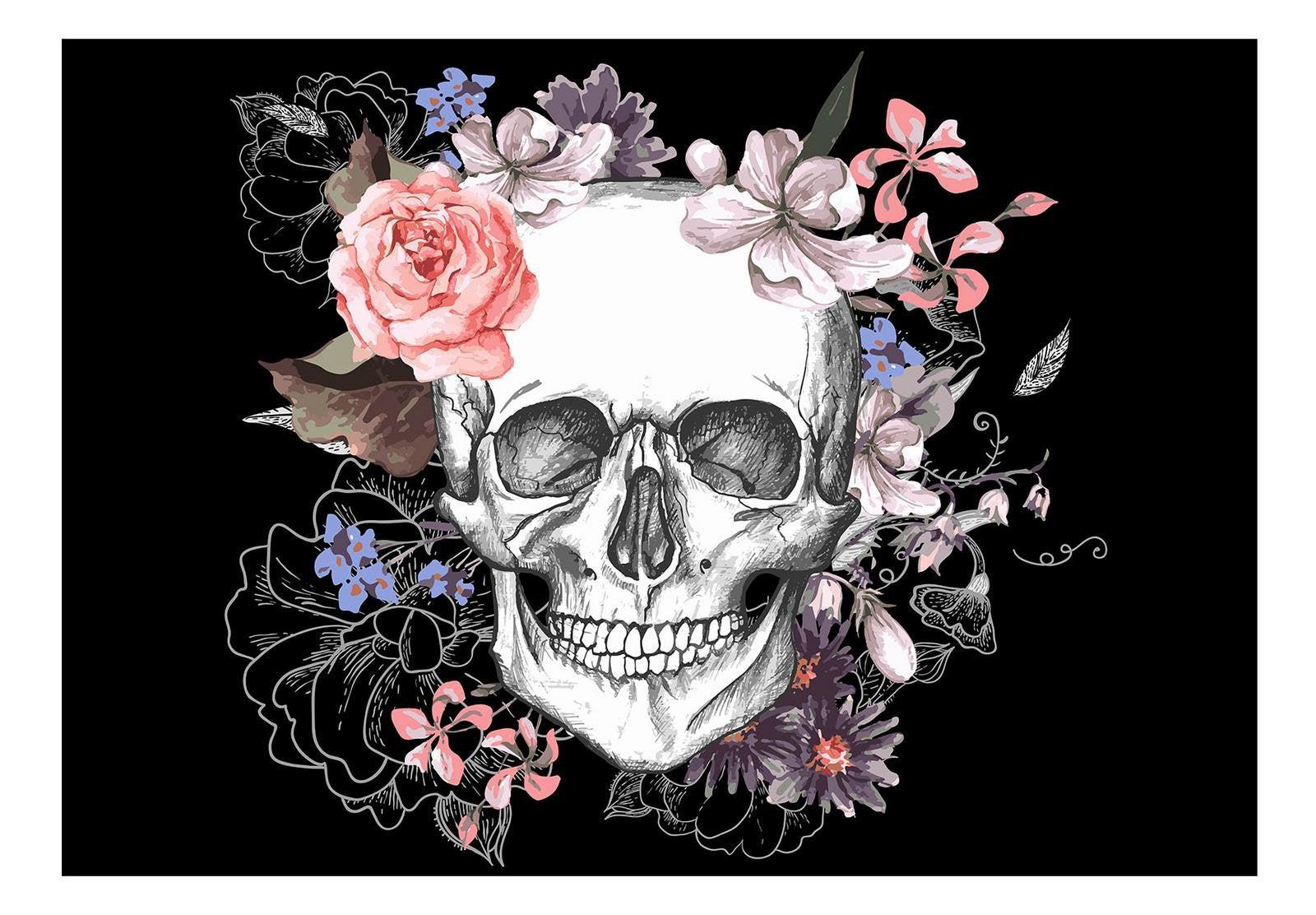 Peel & Stick Floral Wall Mural - Skull And Flowers - Removable Wall Decals