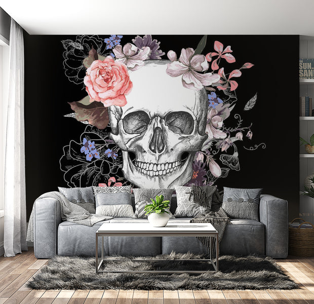 Peel & Stick Floral Wall Mural - Skull And Flowers - Removable Wall Decals