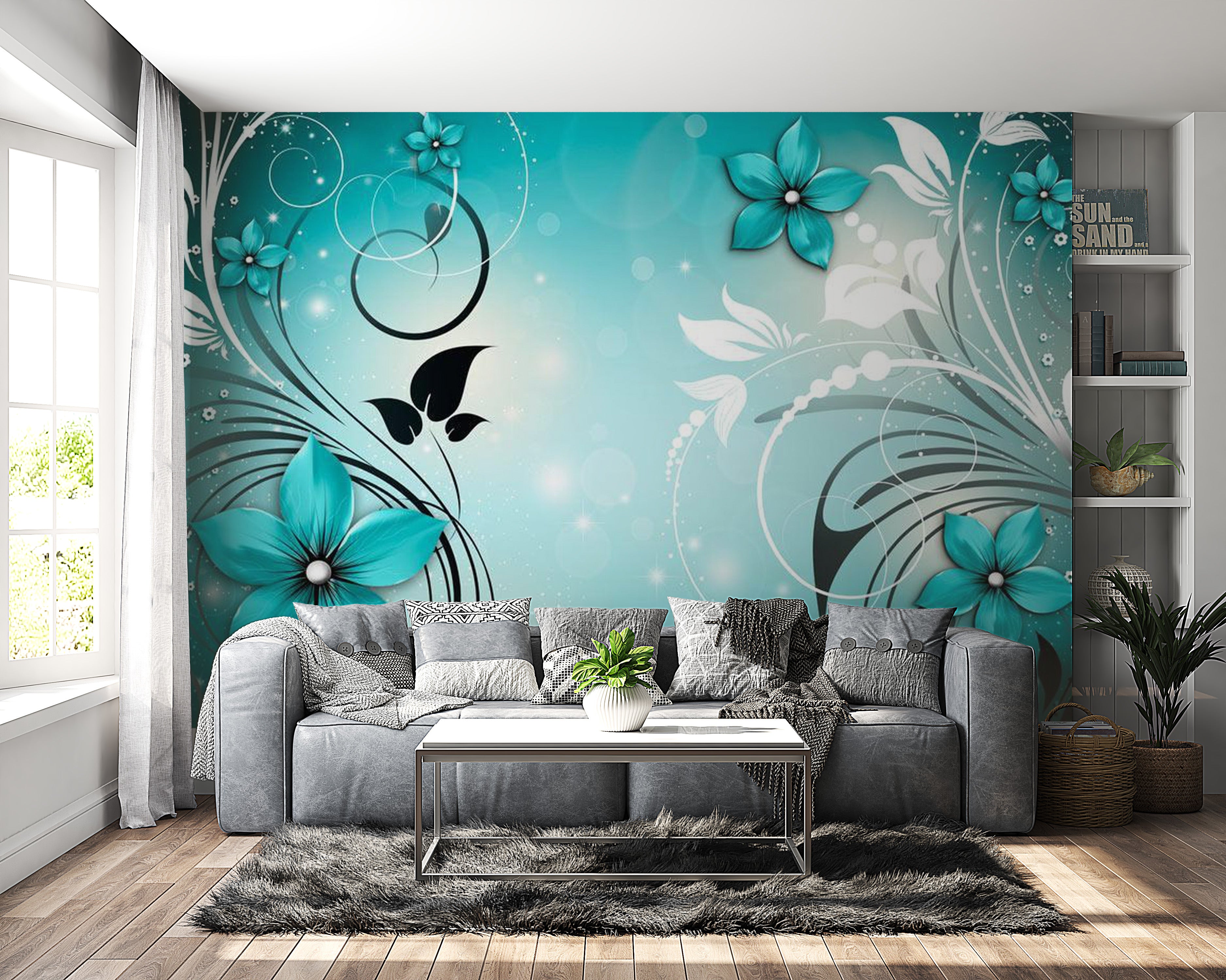 Peel & Stick Floral Wall Mural - Turquoise Dream - Removable Wall Decals