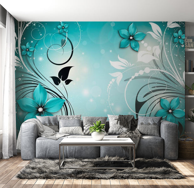 Peel & Stick Floral Wall Mural - Turquoise Dream - Removable Wall Decals