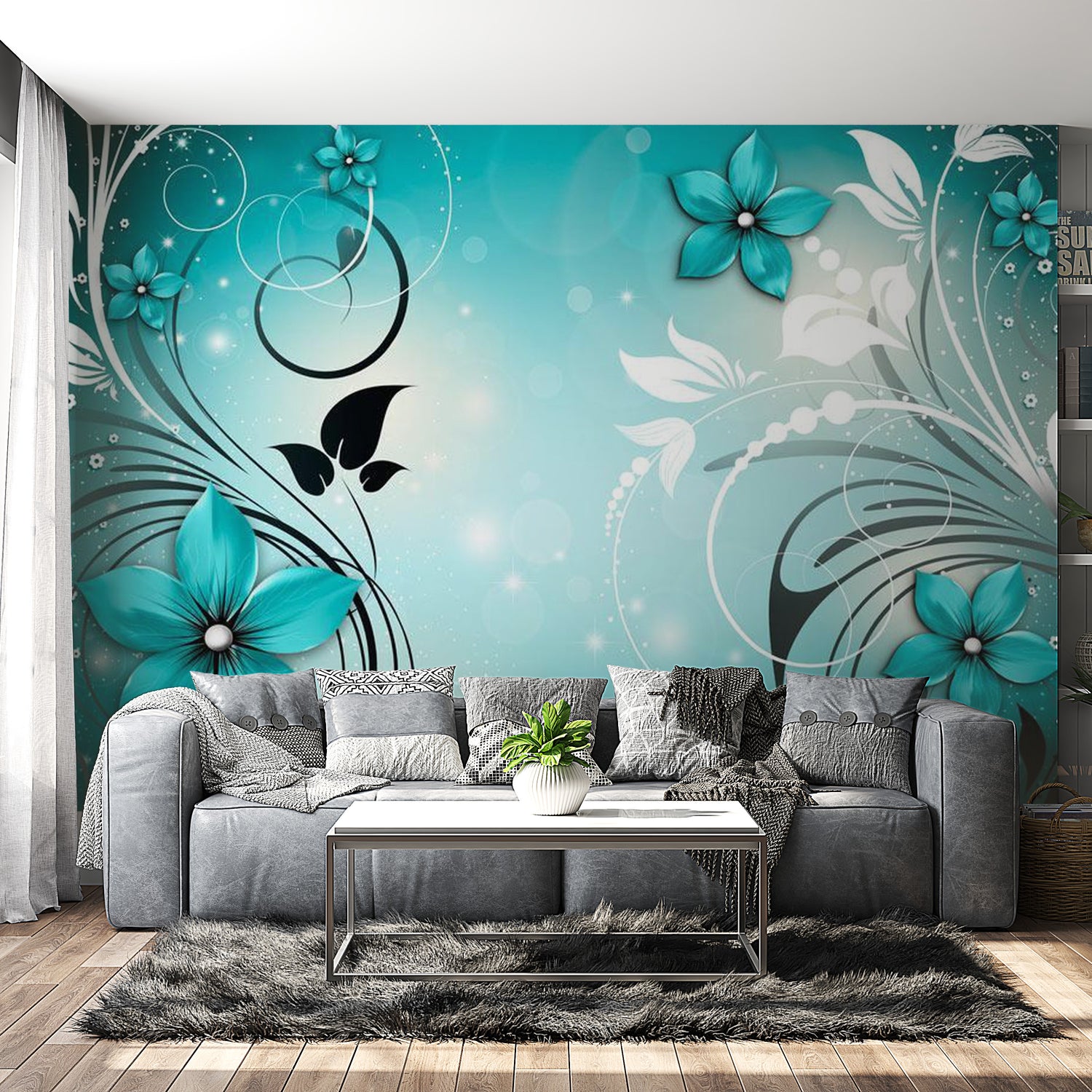 Peel & Stick Floral Wall Mural - Turquoise Dream - Removable Wall Decals