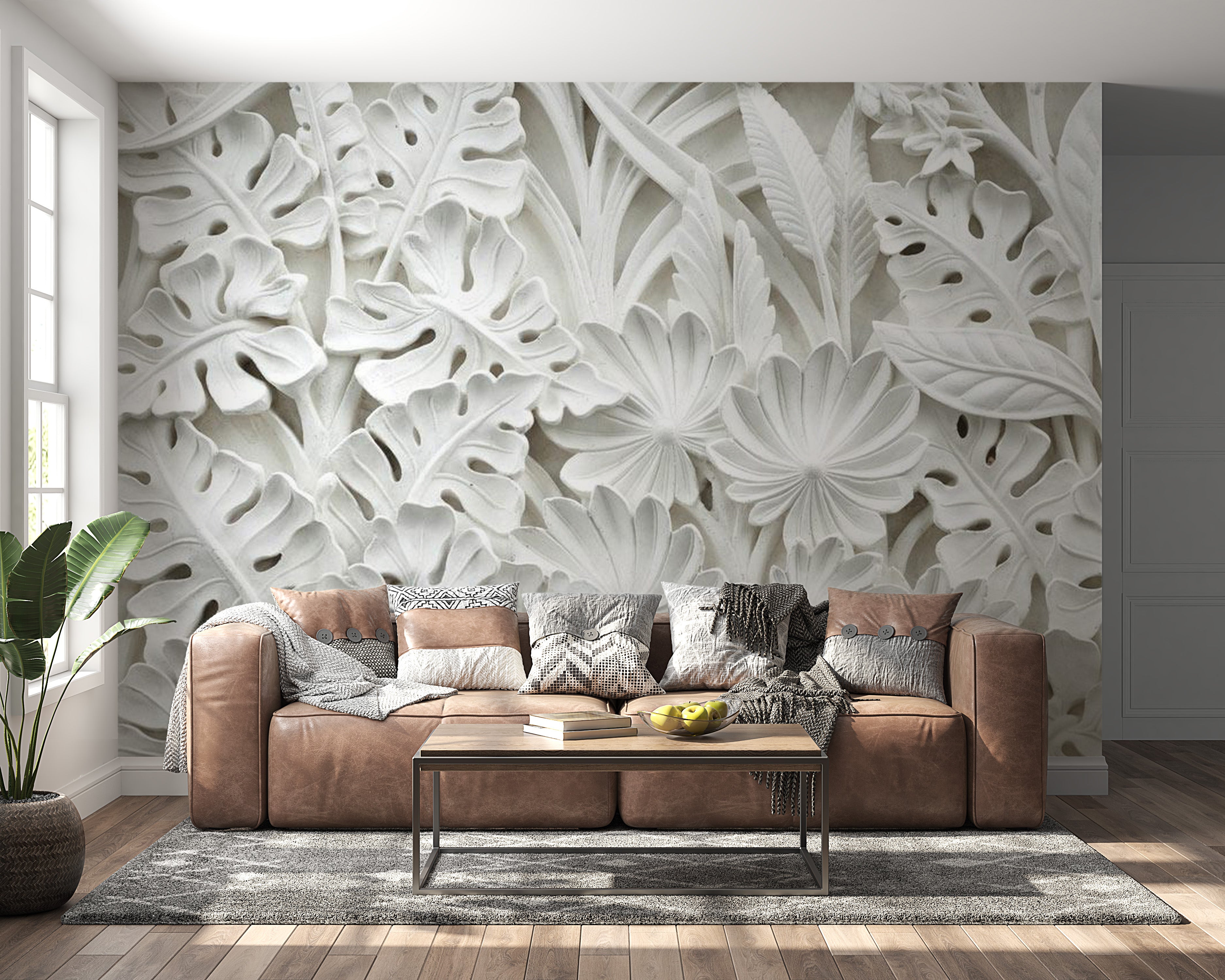 Peel & Stick Floral Wall Mural - White 3D Botanical Garden - Removable Wall Decals