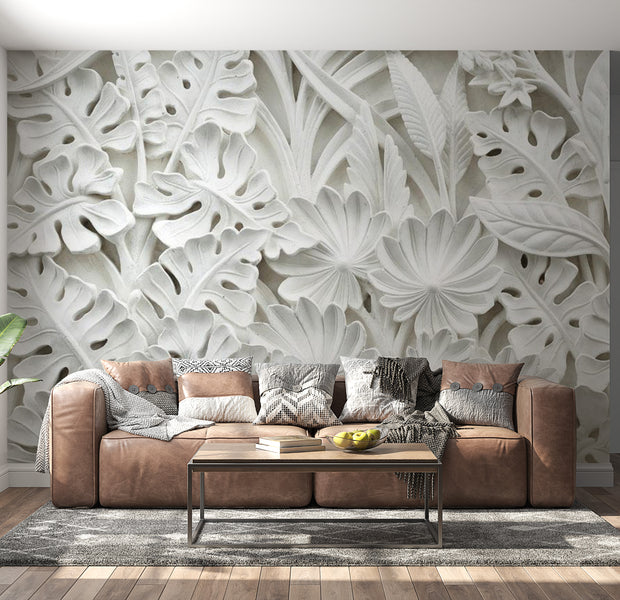 Peel & Stick Floral Wall Mural - White 3D Botanical Garden - Removable Wall Decals