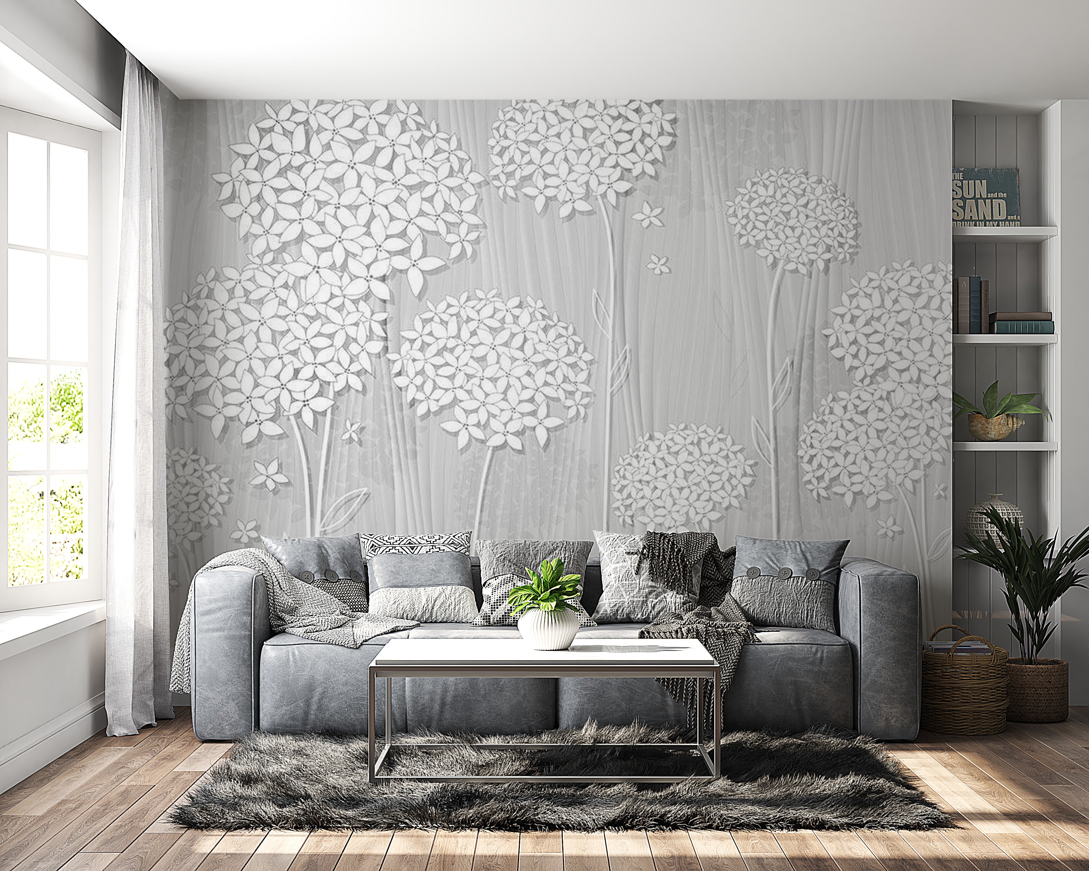 Peel & Stick Floral Wall Mural - White Flower Fantasie - Removable Wall Decals