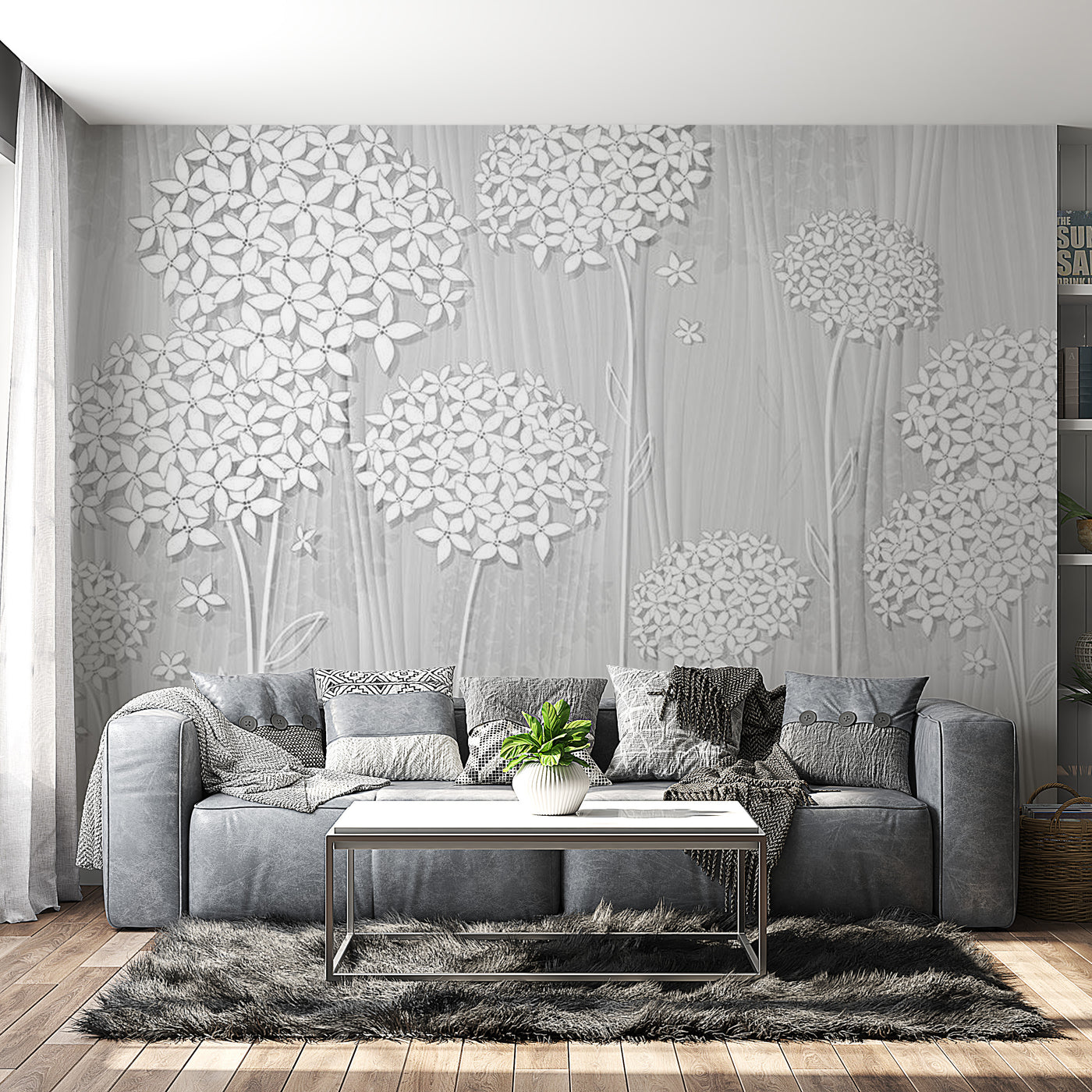 Peel & Stick Floral Wall Mural - White Flower Fantasie - Removable Wall Decals