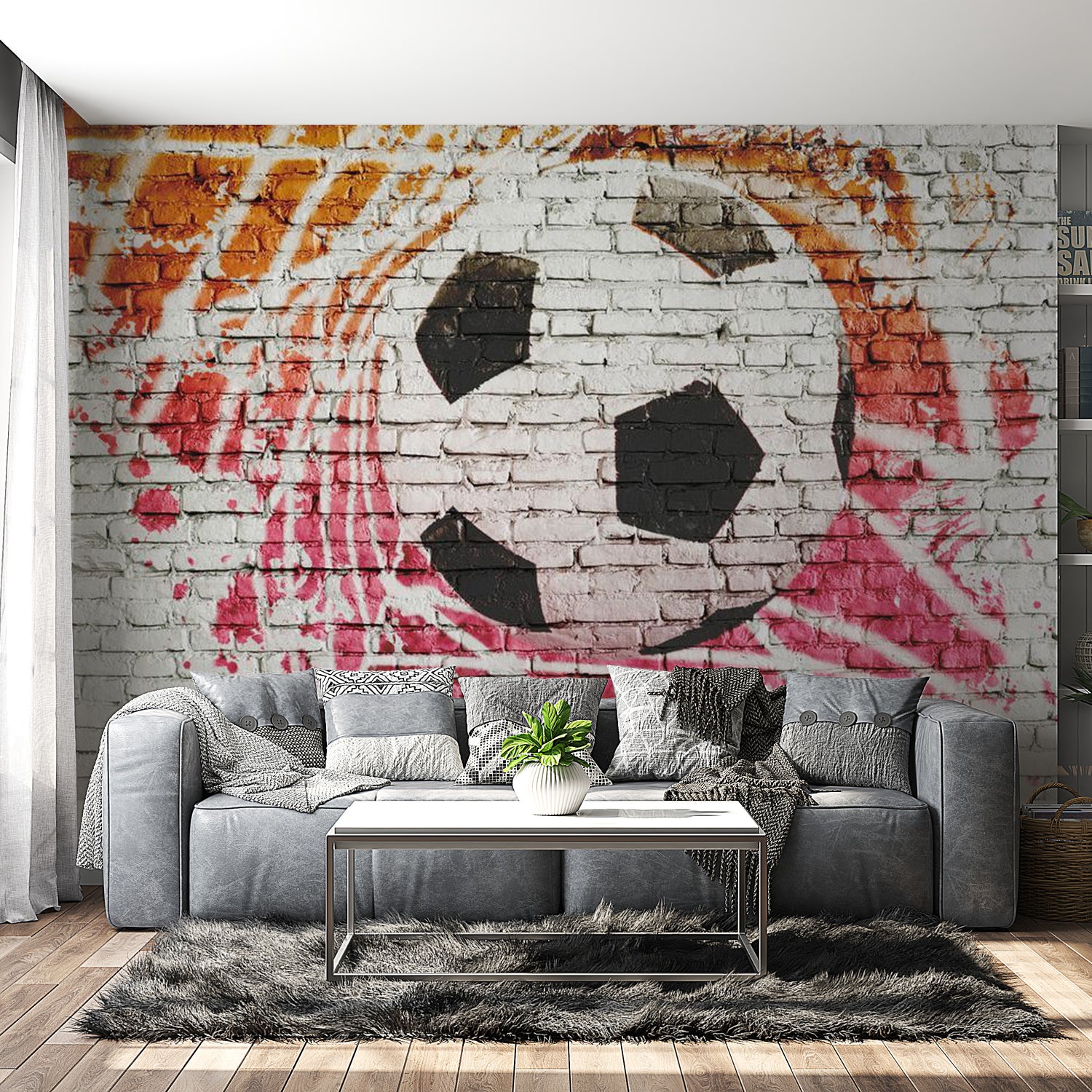 Peel & Stick Football Wall Mural - Street Football Brick Wall - Removable Wall Decals