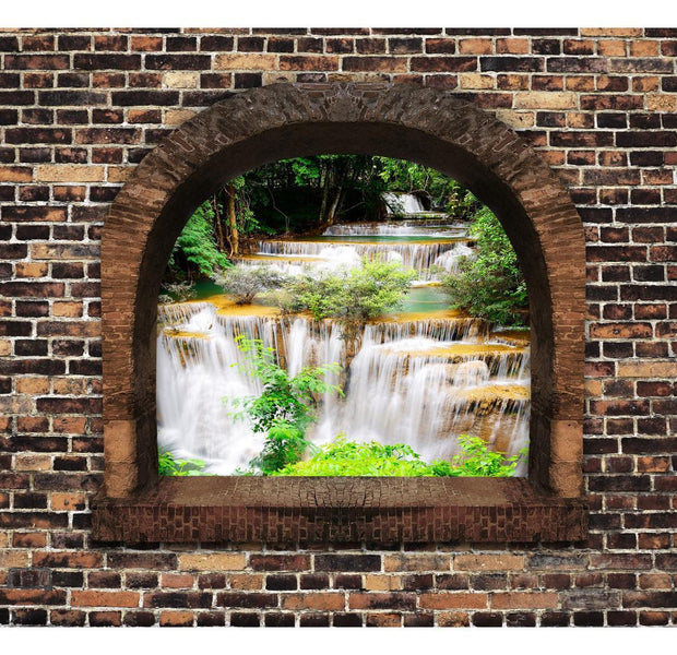 Peel & Stick Forest Wall Mural - Stony Window Waterfalls - Removable Wall Decals