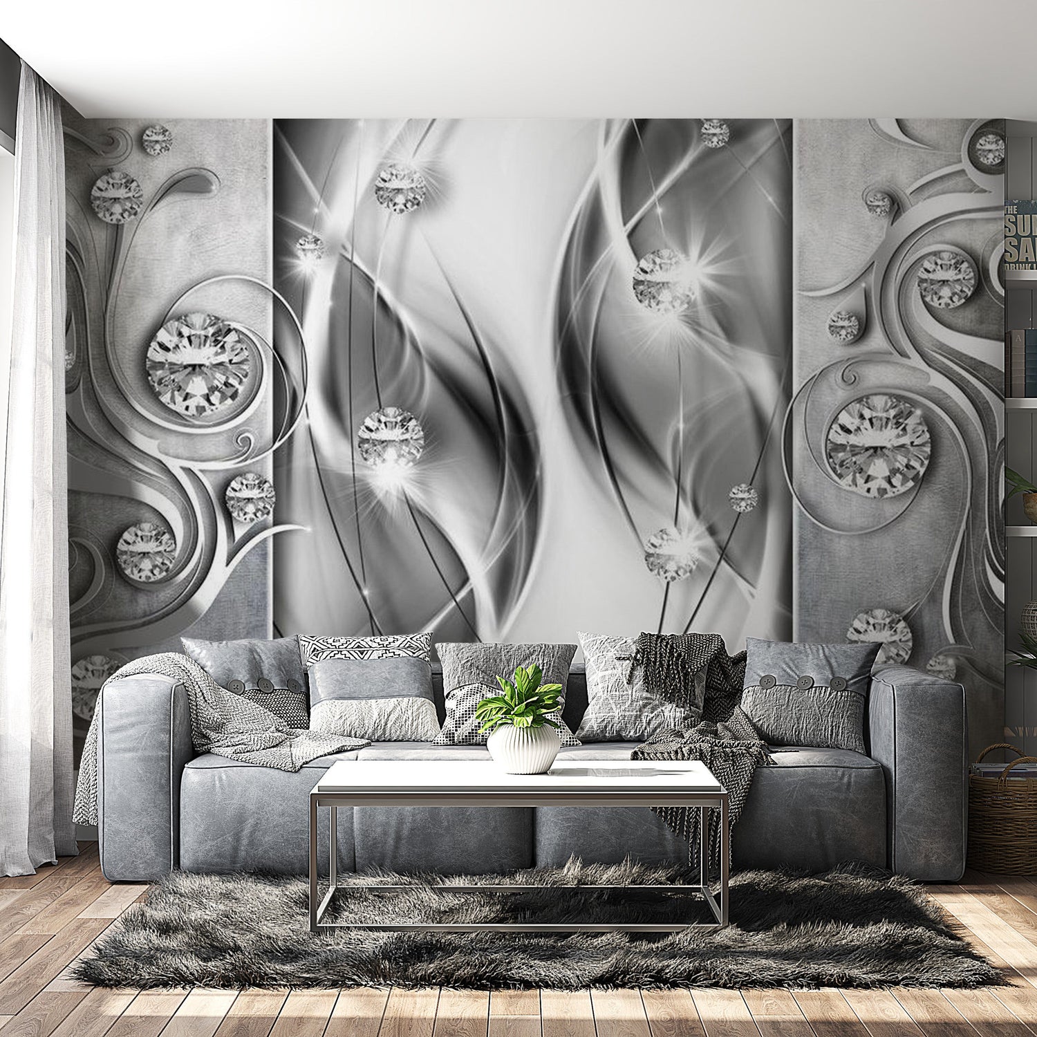 Peel & Stick Glam Wall Mural - Diamonds In Silver - Removable Wall Decals