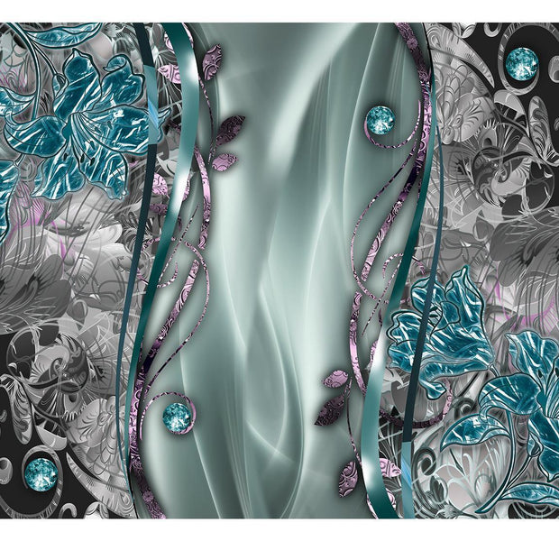 Peel & Stick Glam Wall Mural - Floral Curtain Turquoise - Removable Wall Decals