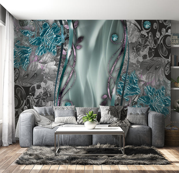 Peel & Stick Glam Wall Mural - Floral Curtain Turquoise - Removable Wall Decals