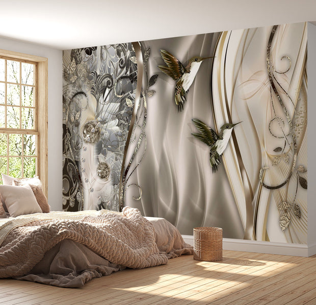 Peel & Stick Glam Wall Mural - Hummingbirds On The Wave Brown - Removable Wall Decals
