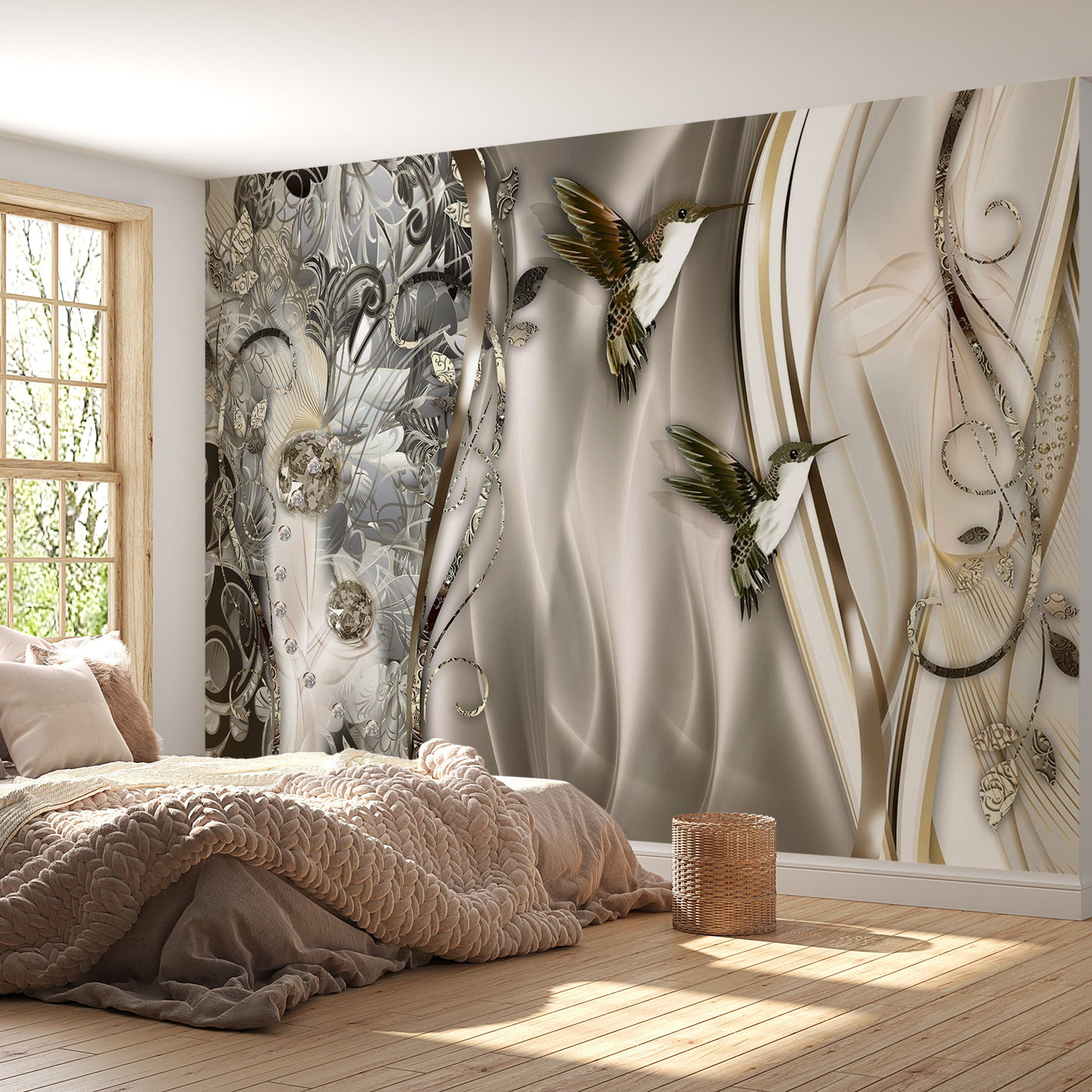Peel & Stick Glam Wall Mural - Hummingbirds On The Wave Brown - Removable Wall Decals