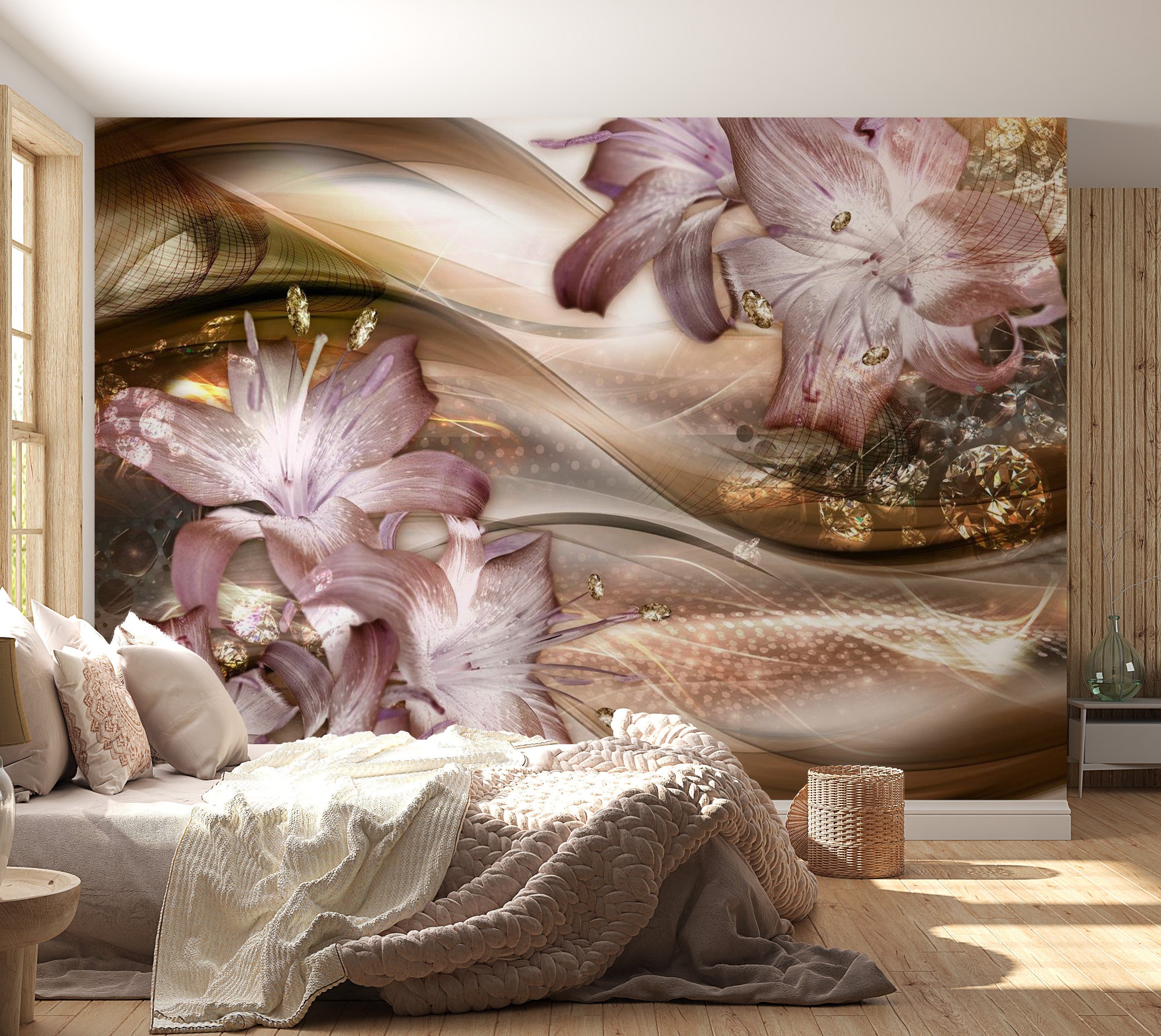 Peel & Stick Glam Wall Mural - Lilies On The Wave Brown - Removable Wall Decals