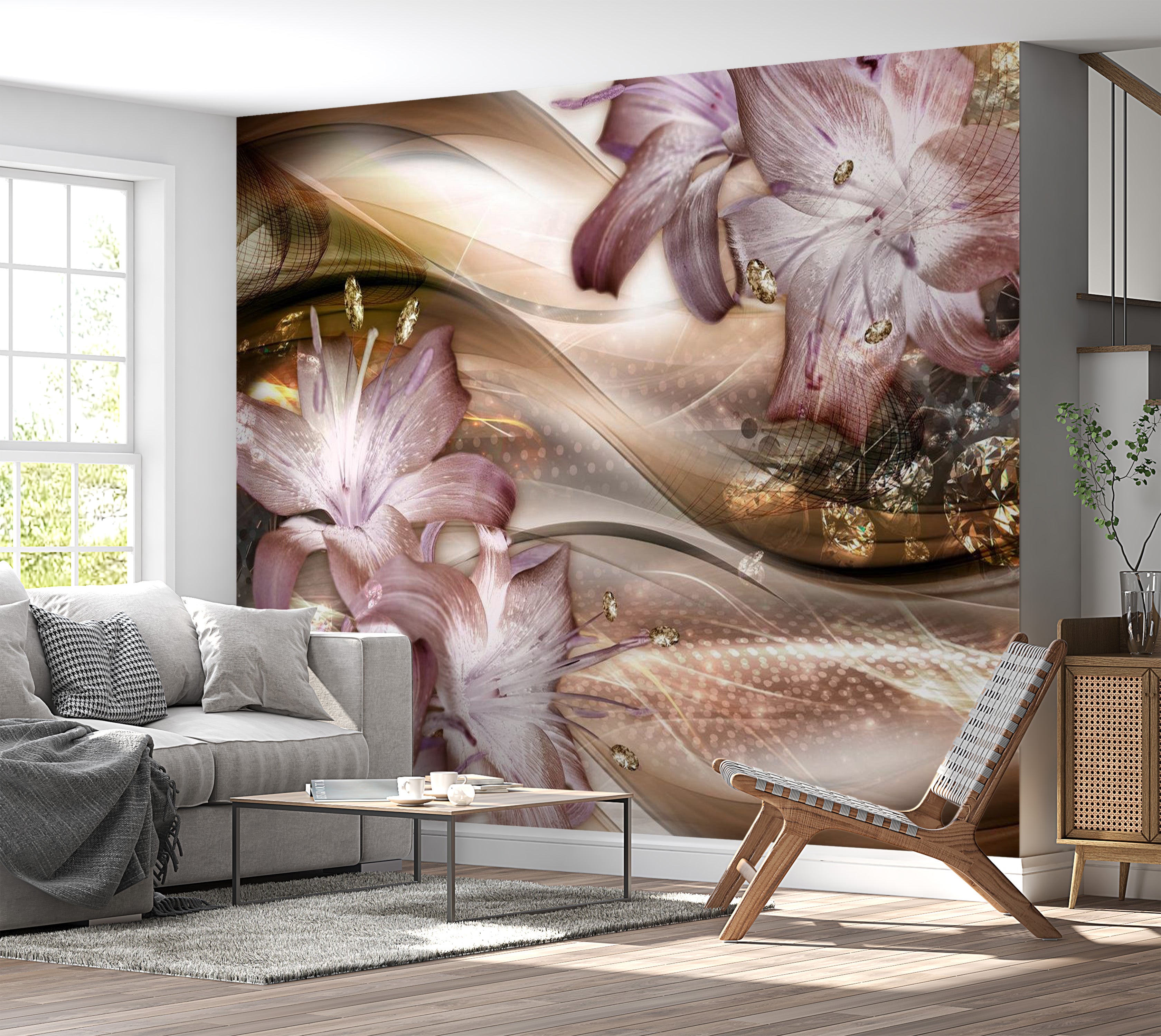 Peel & Stick Glam Wall Mural - Lilies On The Wave Brown - Removable Wall Decals