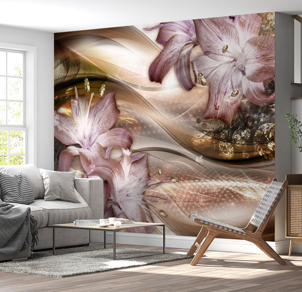 Peel & Stick Glam Wall Mural - Lilies On The Wave Brown - Removable Wall Decals