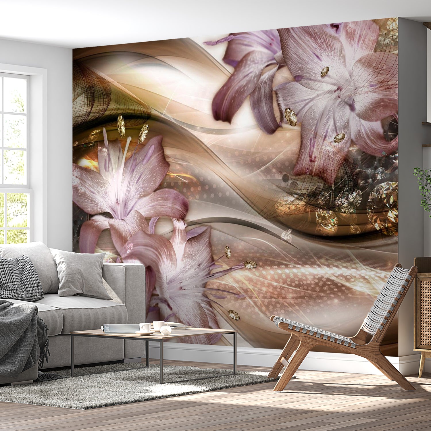Peel & Stick Glam Wall Mural - Lilies On The Wave Brown - Removable Wall Decals