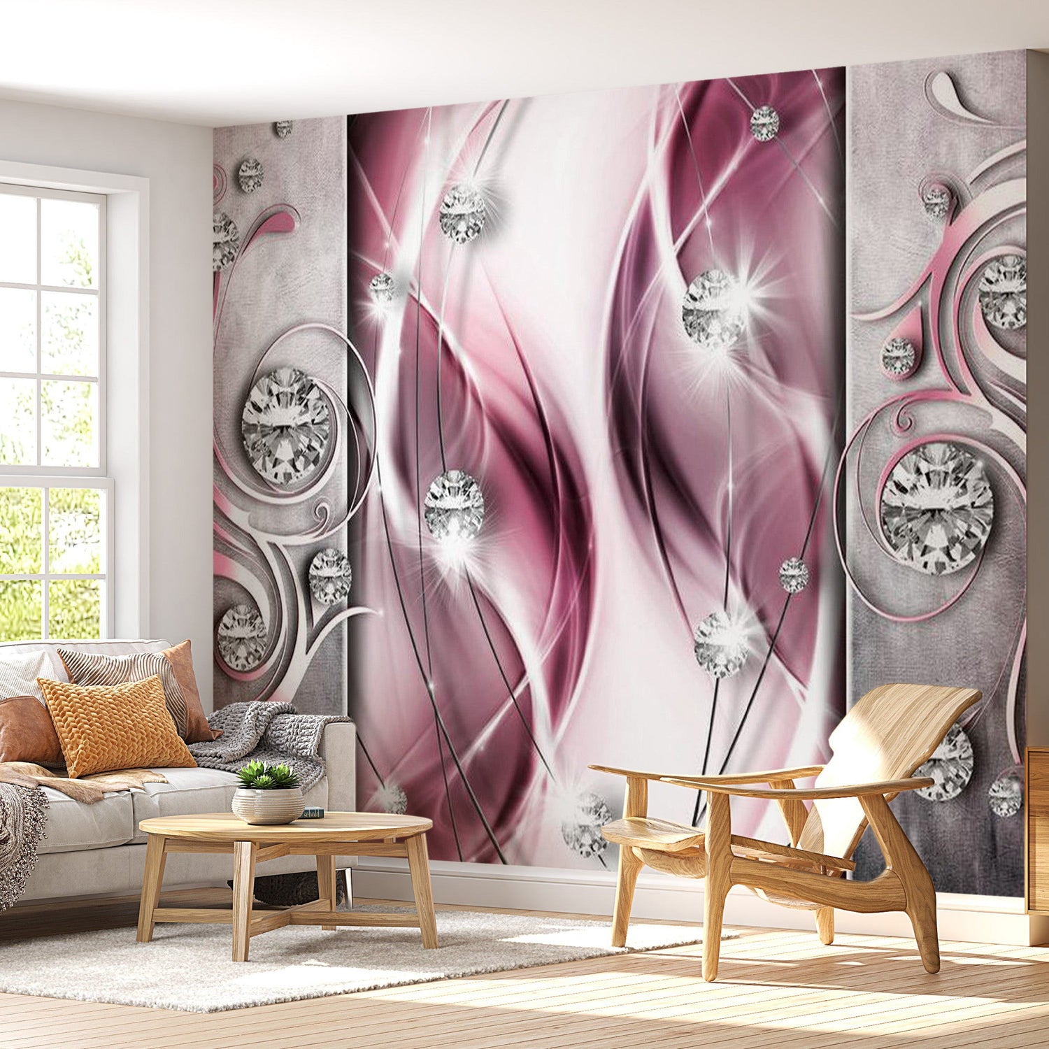 Peel & Stick Glam Wall Mural - Pink And Diamonds - Removable Wall Decals