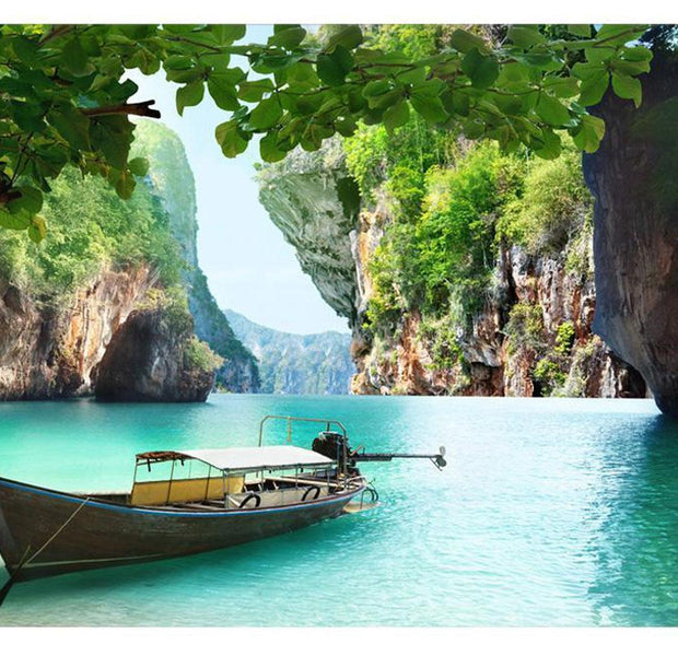 Peel & Stick Nature Wall Mural - Boat On Lake - Removable Wall Decals