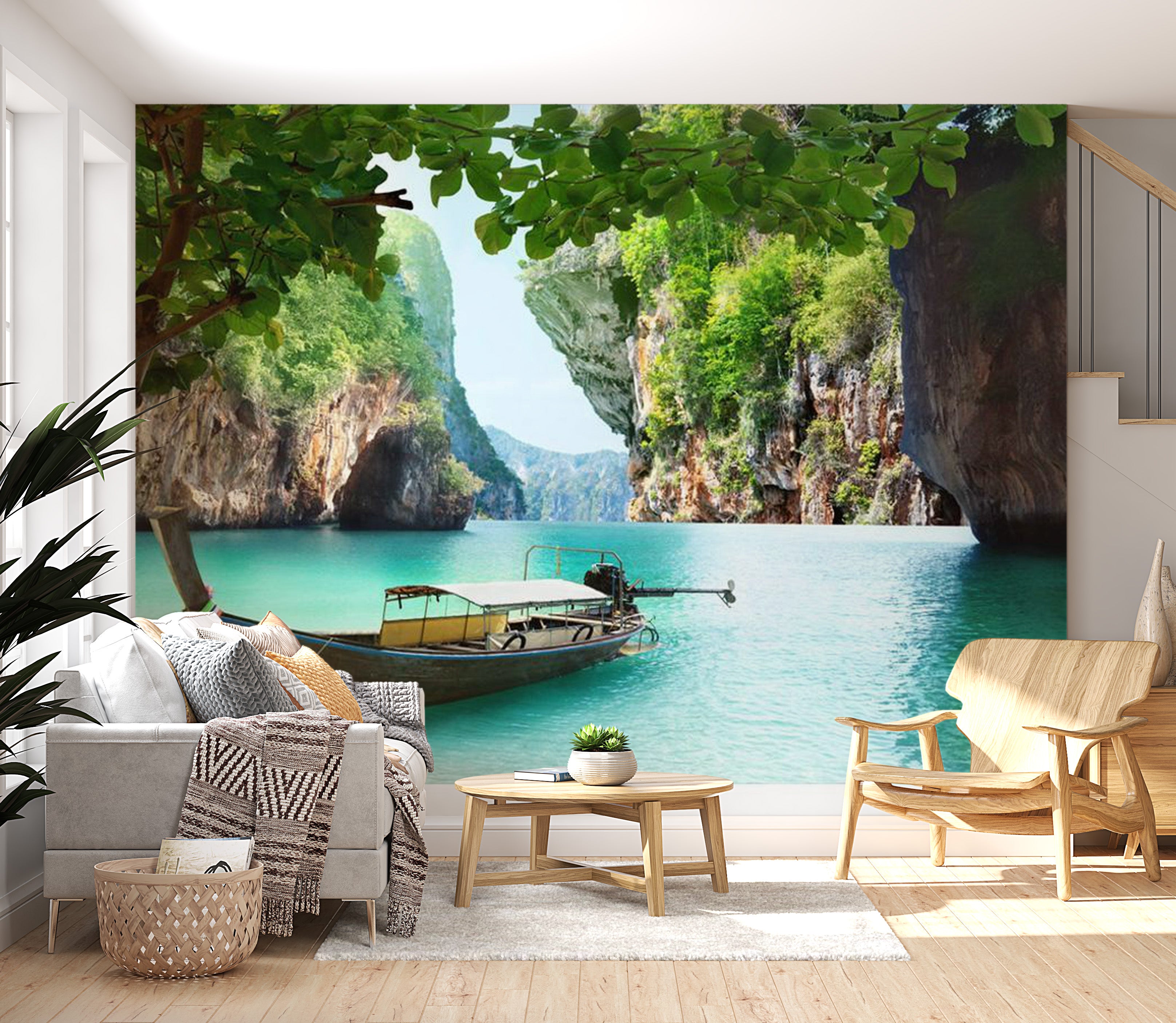 Peel & Stick Nature Wall Mural - Boat On Lake - Removable Wall Decals