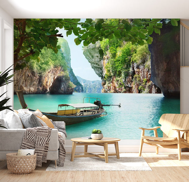 Peel & Stick Nature Wall Mural - Boat On Lake - Removable Wall Decals