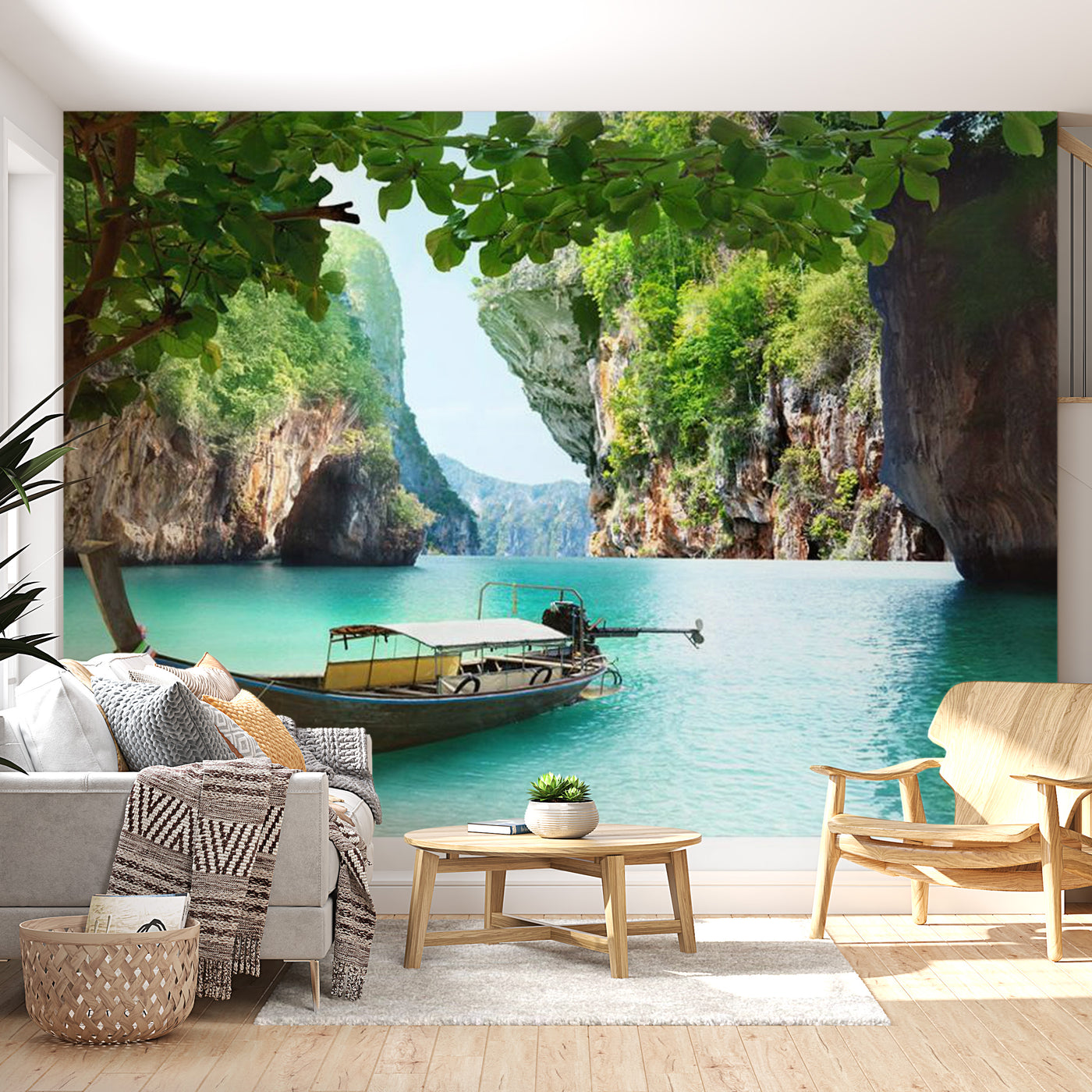 Peel & Stick Nature Wall Mural - Boat On Lake - Removable Wall Decals