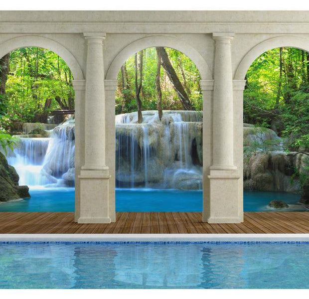 Peel & Stick Nature Wall Mural - Waterfall Jungle Temple - Removable Wall Decals