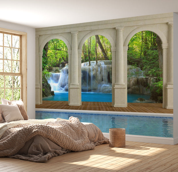 Peel & Stick Nature Wall Mural - Waterfall Jungle Temple - Removable Wall Decals