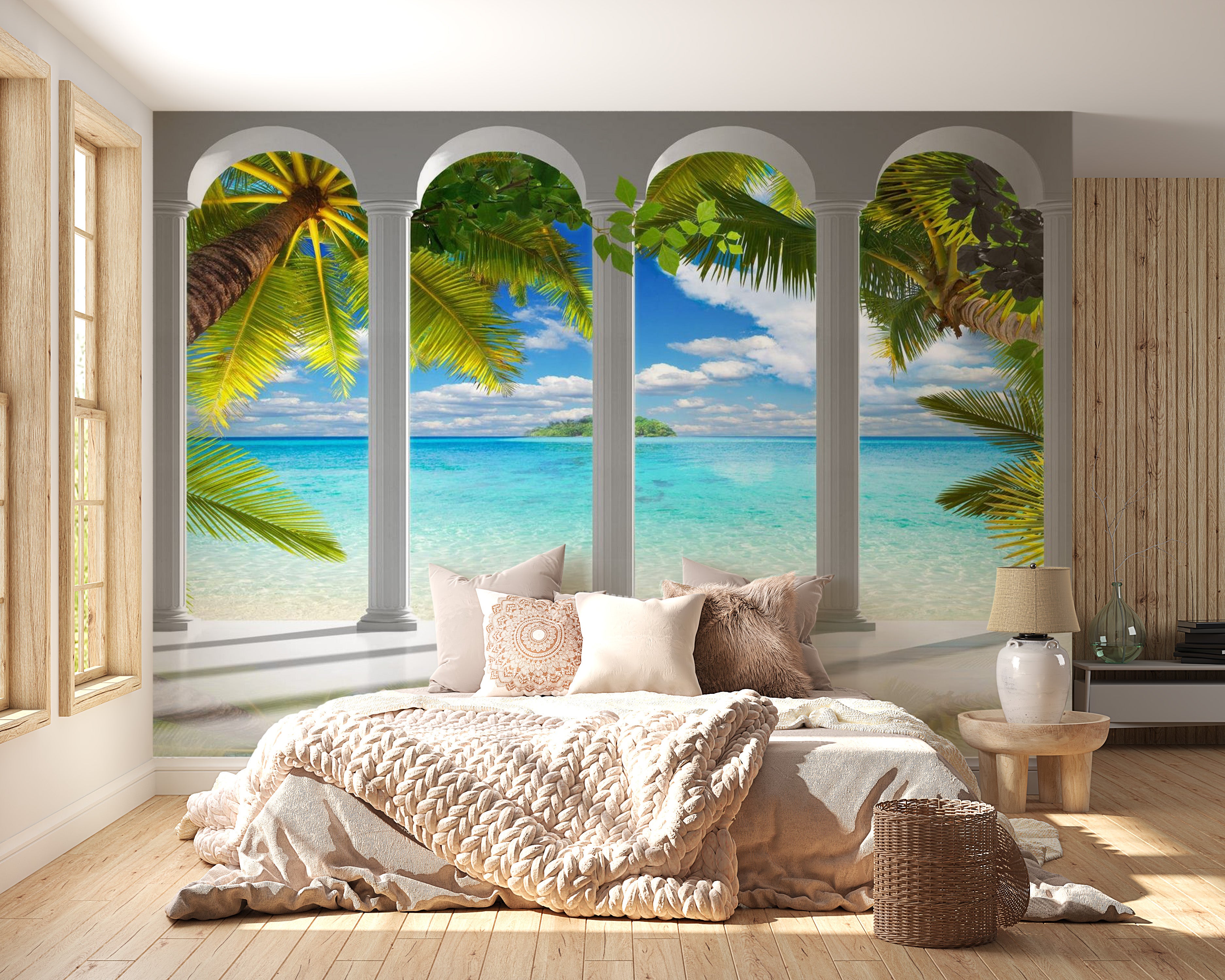 Peel & Stick Tropical Wall Mural - Sea Behind Columns - Removable Wall Decals