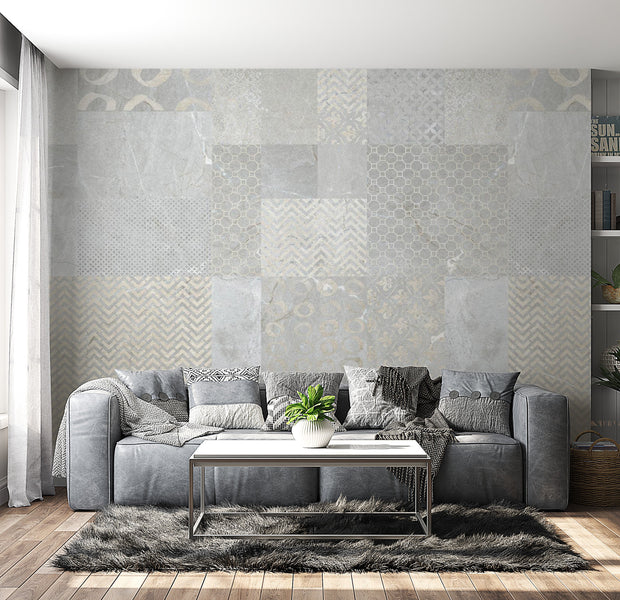 Peel & Stick Wall Mural - Abstract Concrete Tiles - Removable Wall Decals