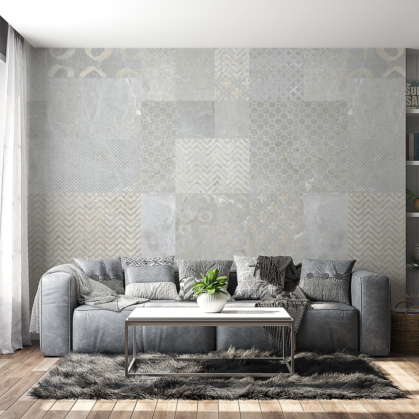 Peel & Stick Wall Mural - Abstract Concrete Tiles - Removable Wall Decals