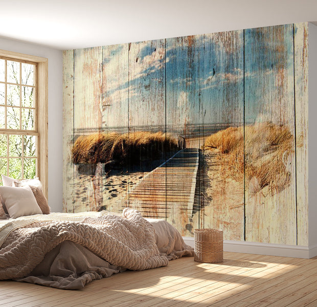 Peel & Stick Wall Mural - Beach on Distressed Wood- Removable Wall Decals