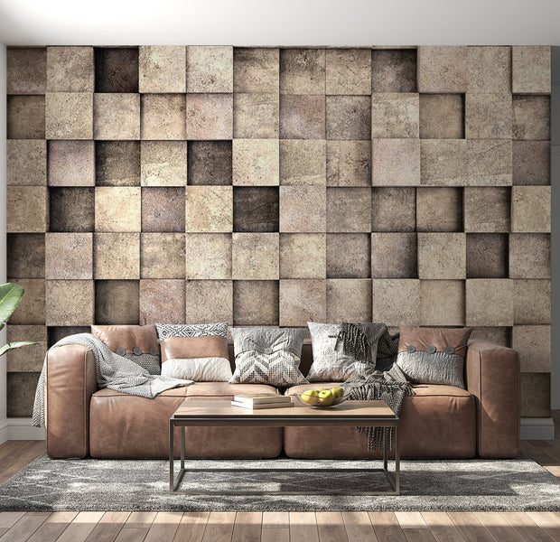 Peel & Stick Wall Mural - Beige Concrete 3D Squares - Removable Wall Decals