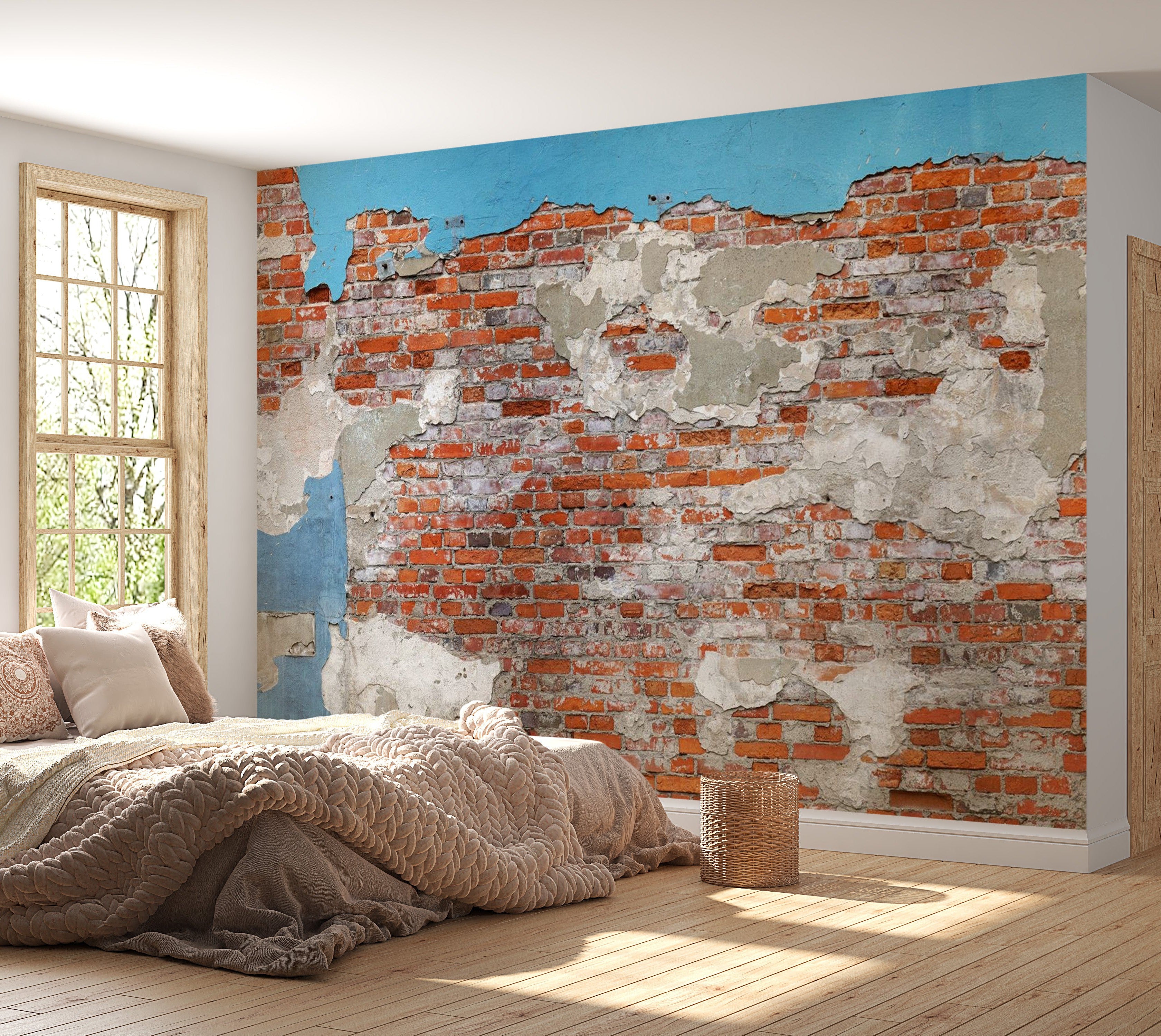 Peel & Stick Wall Mural - Brick Wall With Blue Plaster - Removable Wall Decals