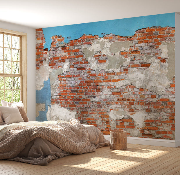 Peel & Stick Wall Mural - Brick Wall With Blue Plaster - Removable Wall Decals