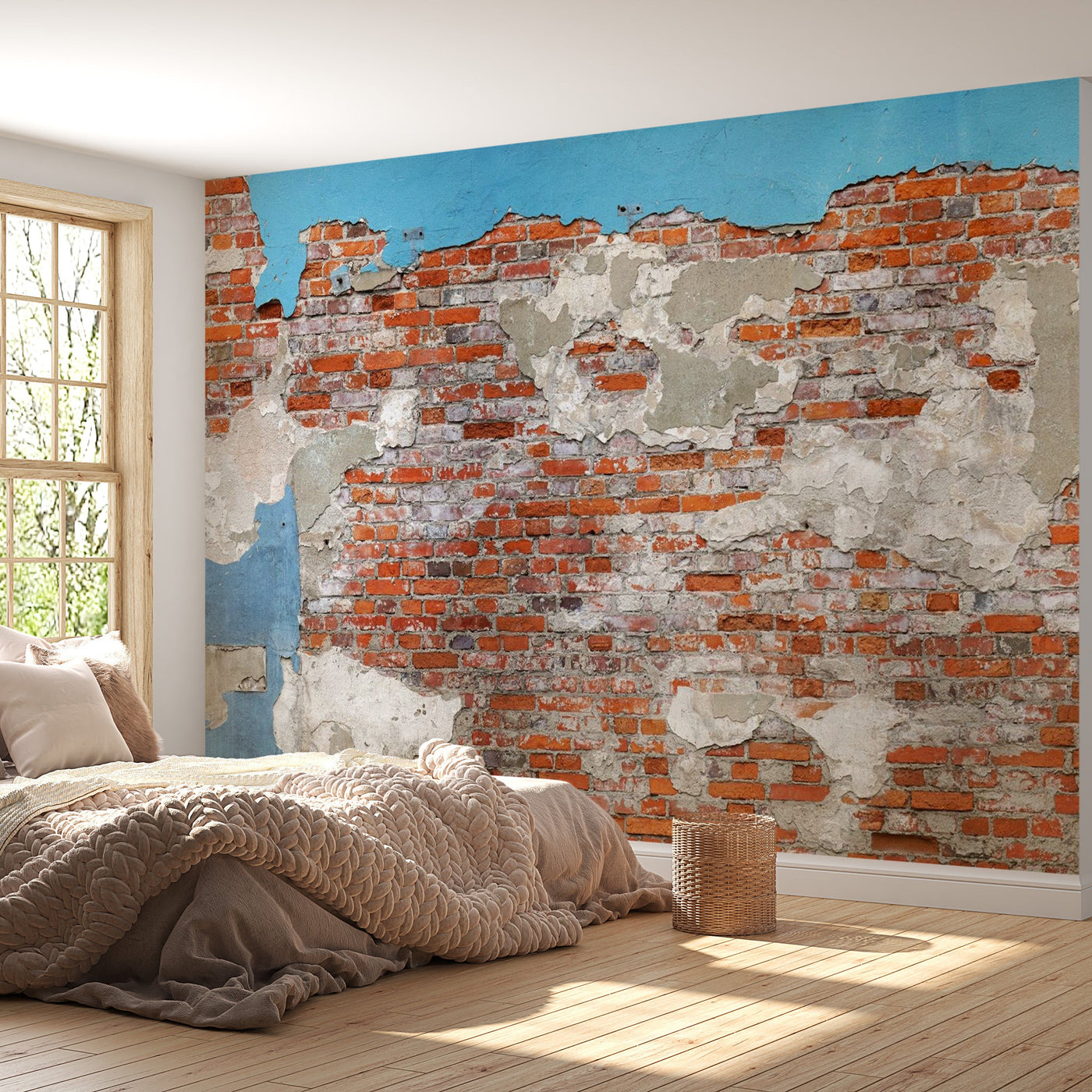 Peel & Stick Wall Mural - Brick Wall With Blue Plaster - Removable Wall Decals
