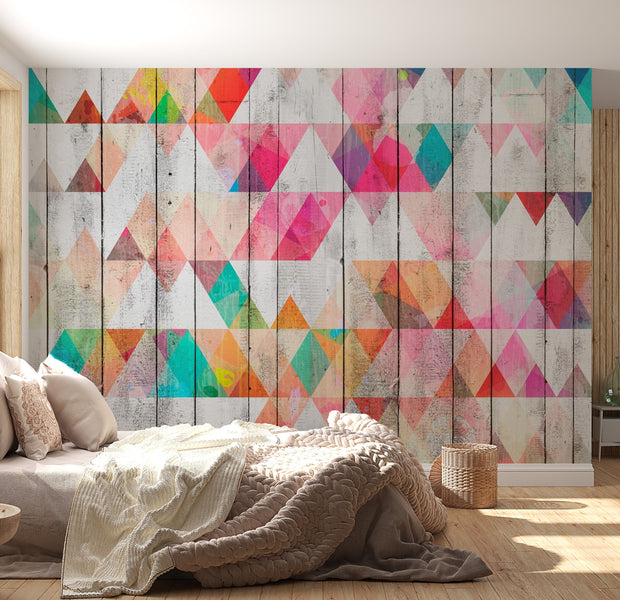 Peel & Stick Wall Mural - Colourful Triangles On Wood - Removable Wall Decals