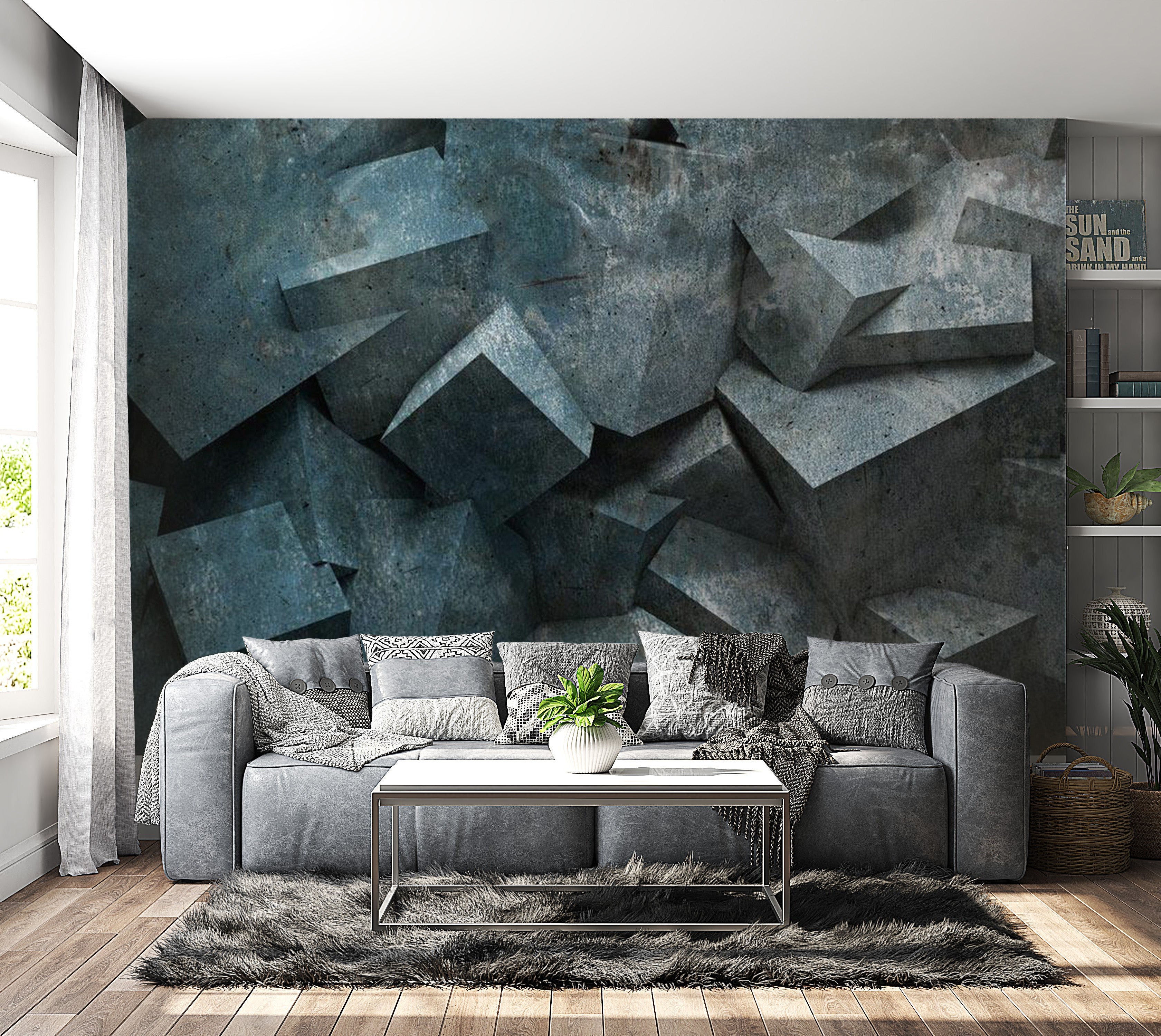 Peel & Stick Wall Mural - Concrete Blocks Blue Grey - Removable Wall Decals