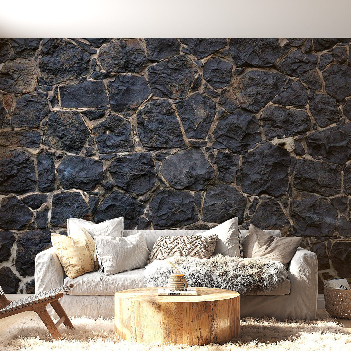 Peel & Stick Wall Mural - Dark Big Stone Wall - Removable Wall Decals