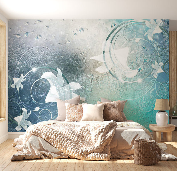 Peel & Stick Wall Mural - Flowers on Glass Blue - Removable Wall Decals