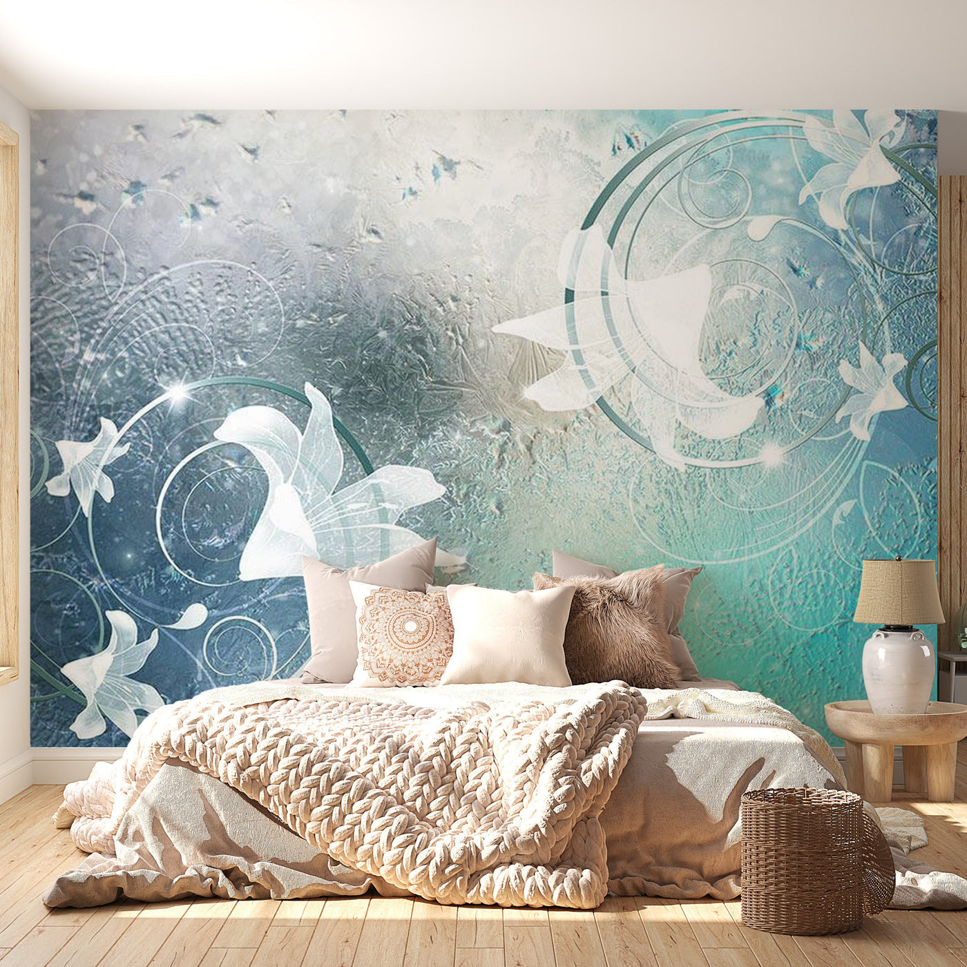 Peel & Stick Wall Mural - Flowers on Glass Blue - Removable Wall Decals